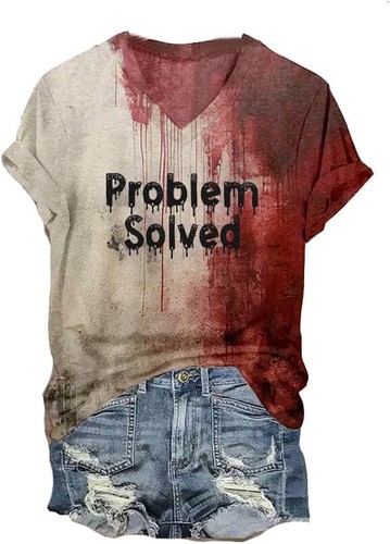 Problem Gelöst Halloween T-Shirt Damen - Blutiges Horror Shirt Mit V-Ausschnitt