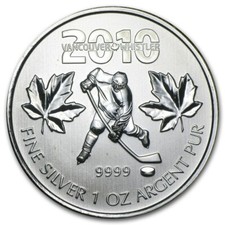2010 Canadian Maple Leaf Vancouver Olympics Ice Hockey 1 oz .9999 Silver Coin