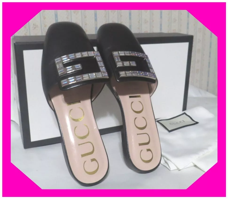 MULES GUCCI noires Malaga enfant cristal carré G Madelyn taille 35, 5 US BOX DUST