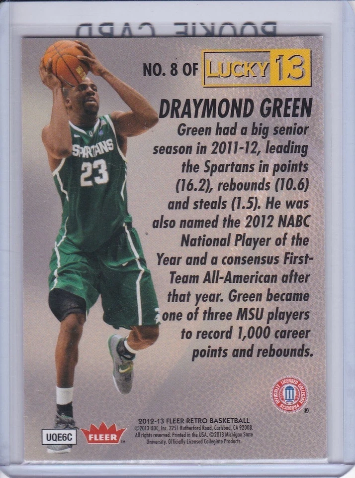 Tarjeta de novato Draymond Green 2012/13 Fleer Luckey 13 RARA BALONCESTO RC Warriors! Foto 2 de 2