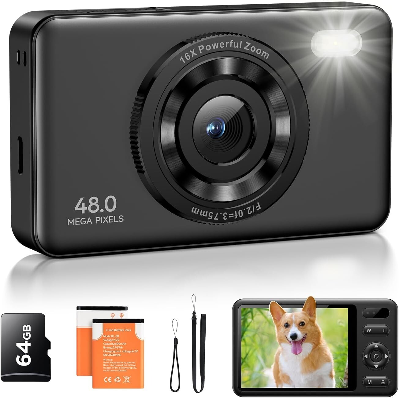 Digital Camera 2.7K 48MP with 64GB Card 16X Zoom Autofocus Kids Camera
