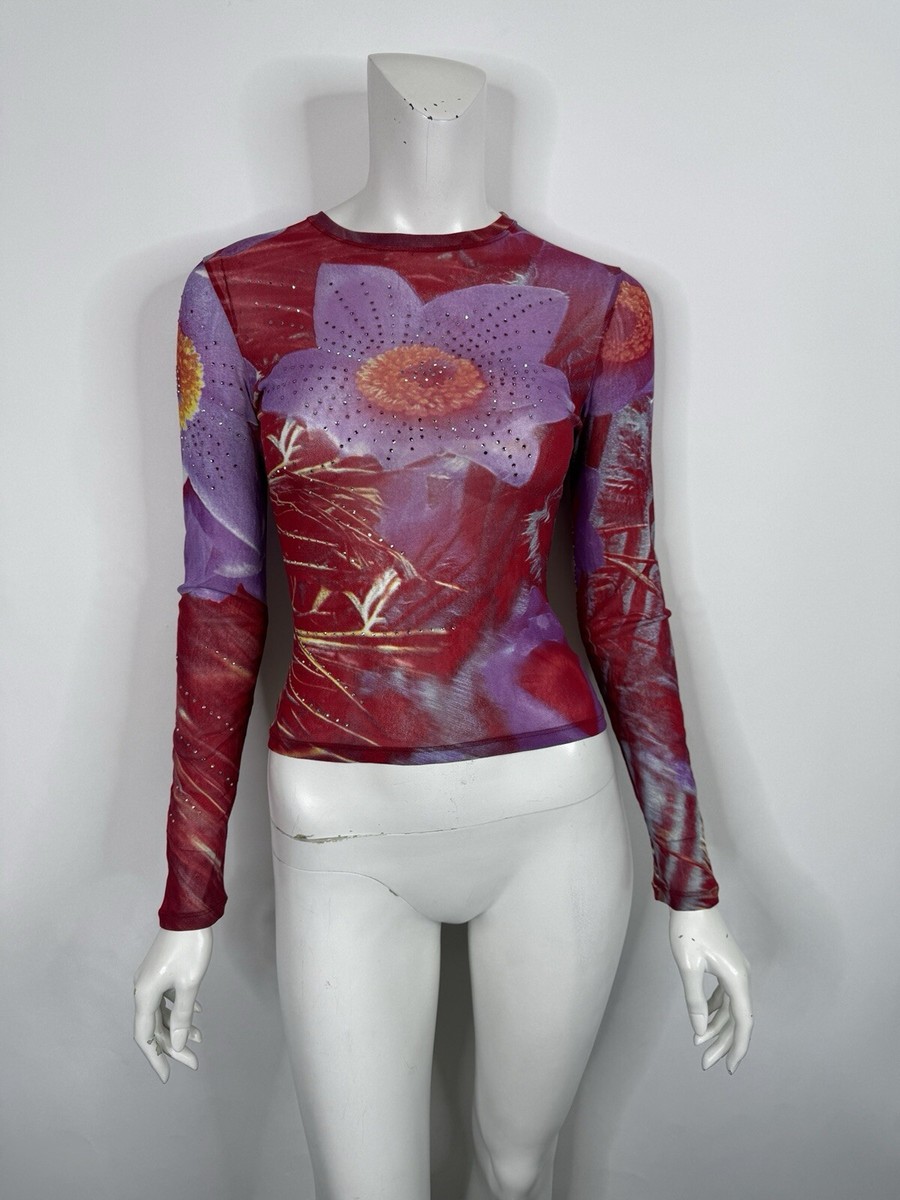 ROBERTO CAVALLI 売れ筋商品|||ロベルトカヴァリ Tシャツ トップス レディース T-shirts Purple Vtg Roberto Cavalli Red Purple Crystal Flower Print Mesh Top