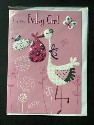 NEU BABY MÄDCHENKARTE (7''''x5'''') Storch mit einem Bündel Freude