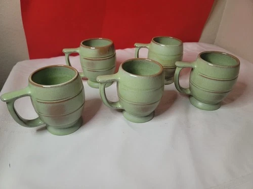 Set of 5  VTG Frankoma Plainsman Prairie Green C7 Coffee Tea CUP Barrel