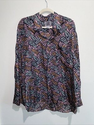 Viva Seta Men's L 100% Silk Button Long Sleeve Vintage 90s Multicolor Geometric 