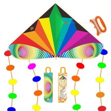 Rainbow Delta Kite, Easy to Fly, Ages 4-12, Printing Carry Bag - Great Beach Toy