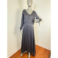 Leith Charcoal Grey Satin Long Sleeve Maxi Dress Split Thigh Tie Cuffs Size M