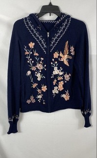 Johnny Was Women's Navy Floral Bird Wool Cashmere Hooded Zip Sweater Sz S