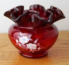 Vintage Fenton Glass Rose Bowl Vase Ruby Red White Flowers EUC Signed Betsy W.