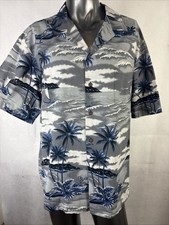 Vintage Aloha Line Hawaii Sail Boat Palm Trees Ocean Button Front Shirt Sz XL