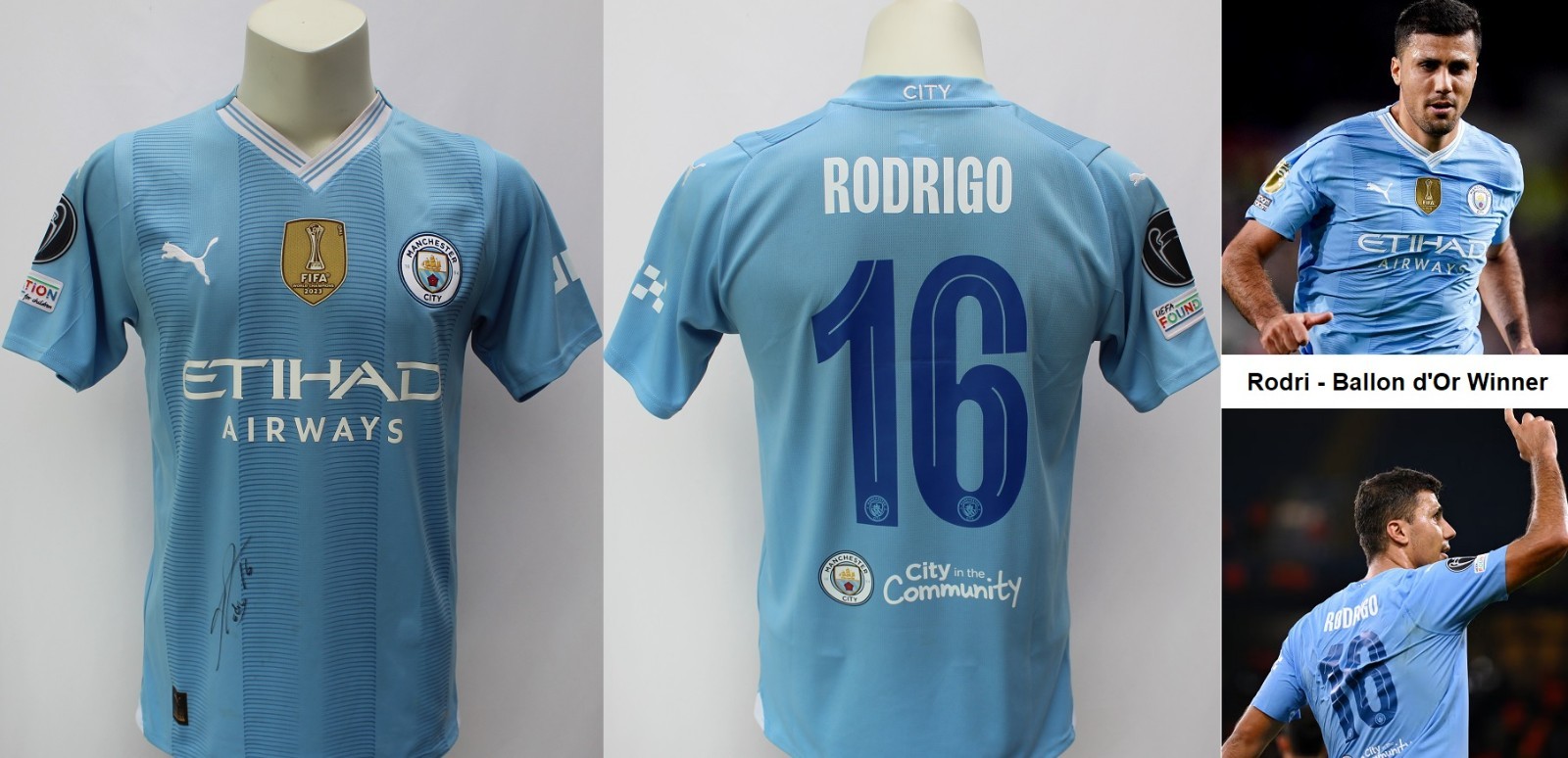 2023-24 Rodri Signed Official Manchester City Champions League Home Shirt No.16