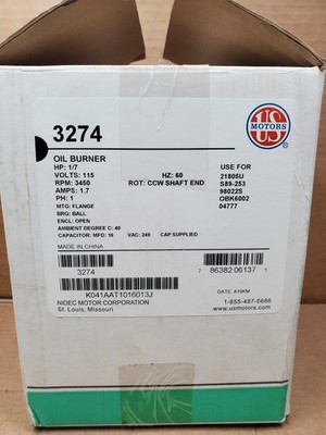 US Electric #3274 Oil Burner Motor 1/7HP 3450RPM 115V 1 Phase CCW Shaft End