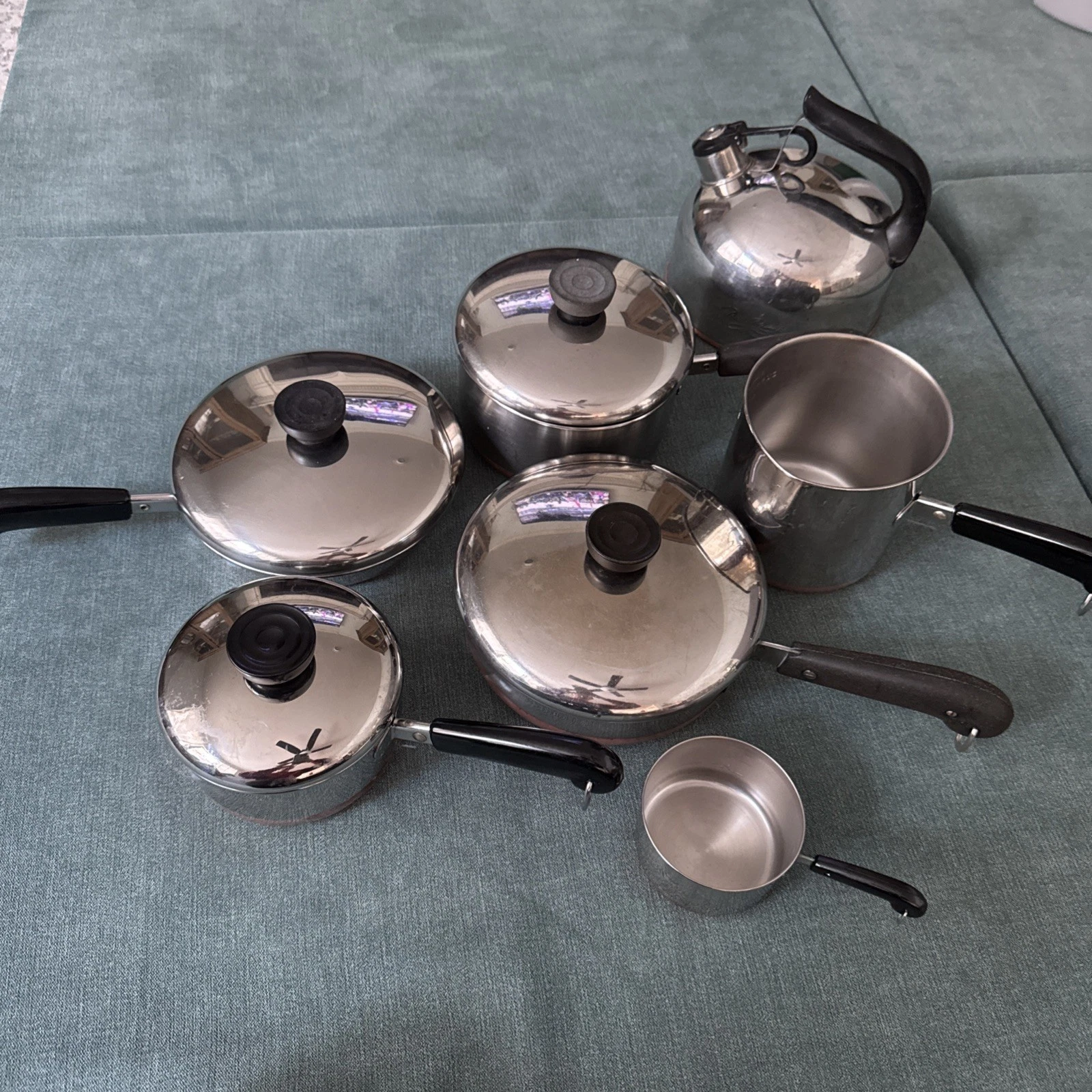 11 Piece Revere Ware Copper Bottom Pot Skillet Lot Inc Tea Kettle Measure Cup