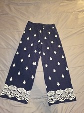 Elie Tahari Navy Cropped Linen Blend Wide Leg Embroidered Size 8