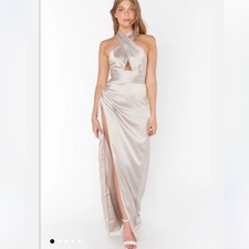 SHOW ME YOUR MUMU Halter Neck Maxi Dress Silver Satin High Slit Evening Formal