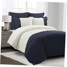 Linen Button Farmhouse 5 Piece Comforter Set, Full/ Queen - Full/Queen Navy
