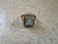 Gold Tone Metal Cocktail Ring, Prong Set Rectangular Blue Stone