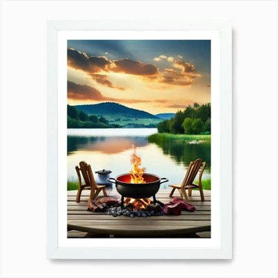 Feuerstelle am See Kunstdruck gerahmt Wandbild Poster Leinwanddruck Bild