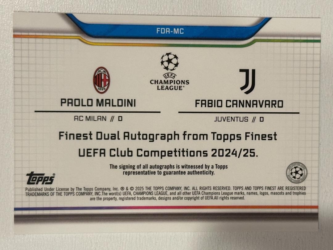 2024-25 Topps Finest UEFA Maldini Cannavaro Dual Auto /25 Orange
