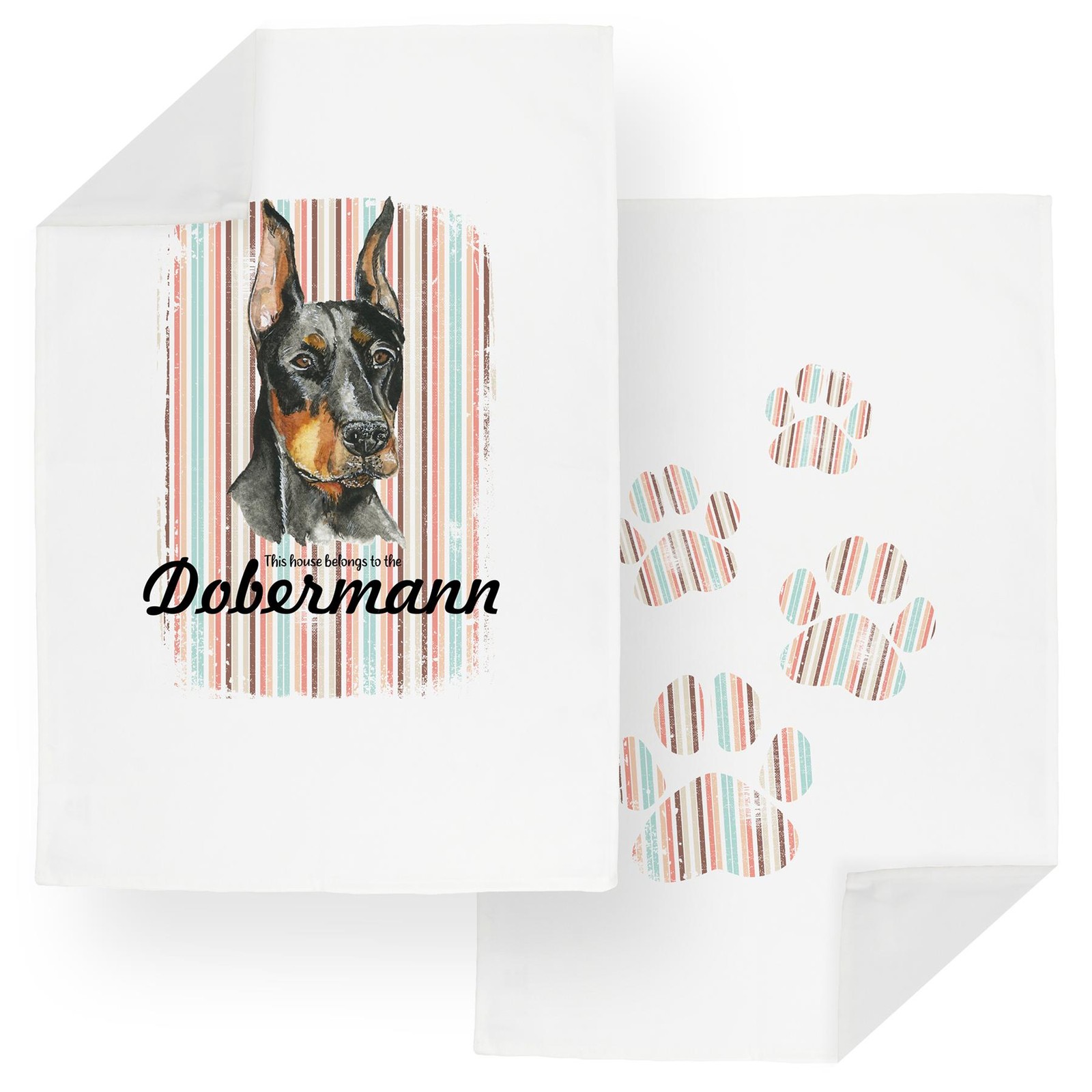 Dobermann Tea Towel Set - Novelty Dogs & Paw Prints Kitchen Linens Gifts