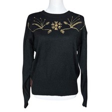 Vintage 90s Black Russ Sweater with Gold Floral Beading. S/M. Retro, Maximalism