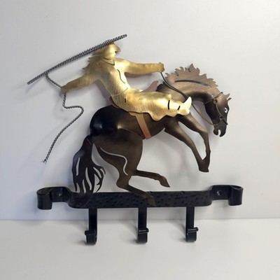 Western Cowboy Coat Hook Wall Art Decor 3 Hooks Bucking Bronco 12''