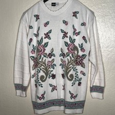 VTG Beldoch popper White Sweater Floral Embroidery Teal Accents Size M USA Y2K