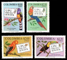 Colombia 1974 Mint no gum 4v, Birds, UPU, Trogon Cock-of-the-rock Scarlet Macaw