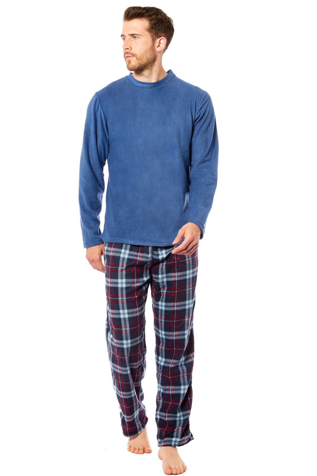 Mens Fleece Pyjama Set With Check Pants Thermal Pyjamas PJ Sets