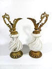 Antique Baroque Sculptural Candlestick Ewer Pair White Milk Glass Brass Vintage