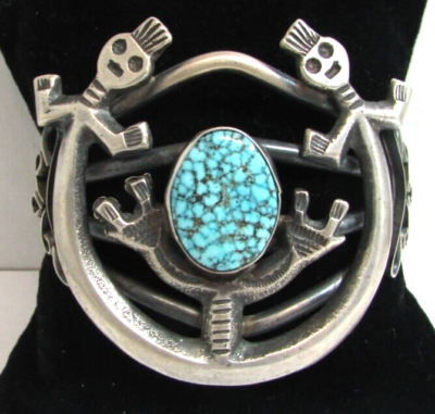 Vintage Navajo Naja Sterling Silver Sand Cast Turquoise Cuff