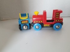 BRIO TRAINS TWO TRAINS 1/2 WOOD 1/2 PLASTIC  ONE RED ONE BLUE MADE IN SWEDEN