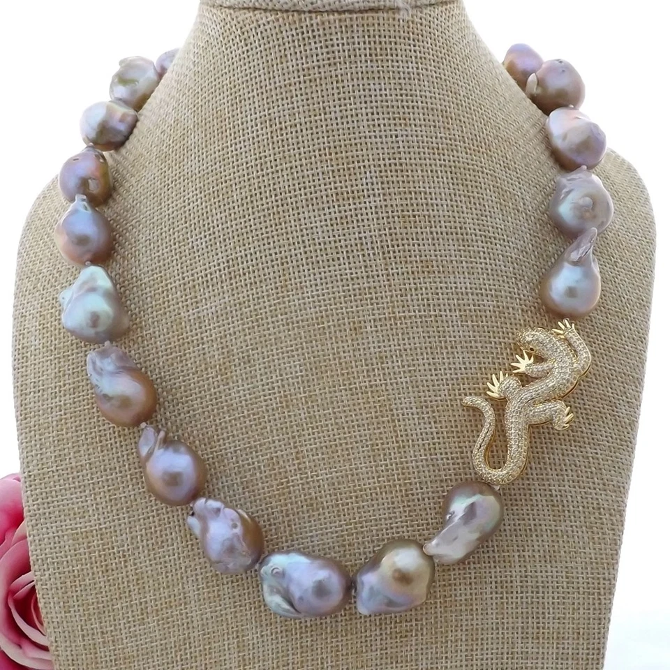 Collar conector lagarto circonita cúbica perla Keshi púrpura 19" 16x23 mm Foto 2 de 4