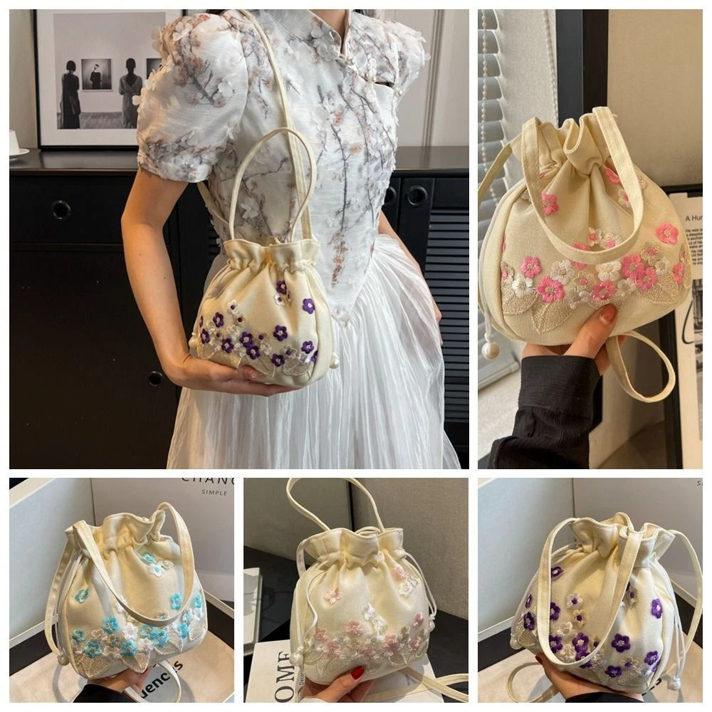 Ethnic Style Embroidery Flower Handbag Shoulder Bag Floral Bucket