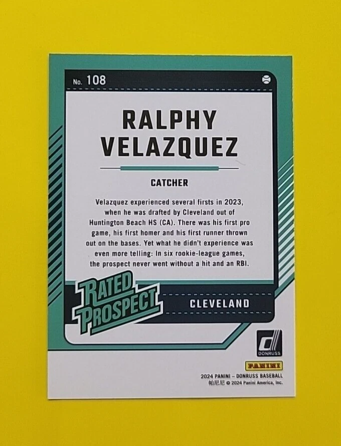 Ralphy Velazquez - Guardians - 2024 Donruss - Rated Prospect -  #108 - RC - SP - Image 2 of 2