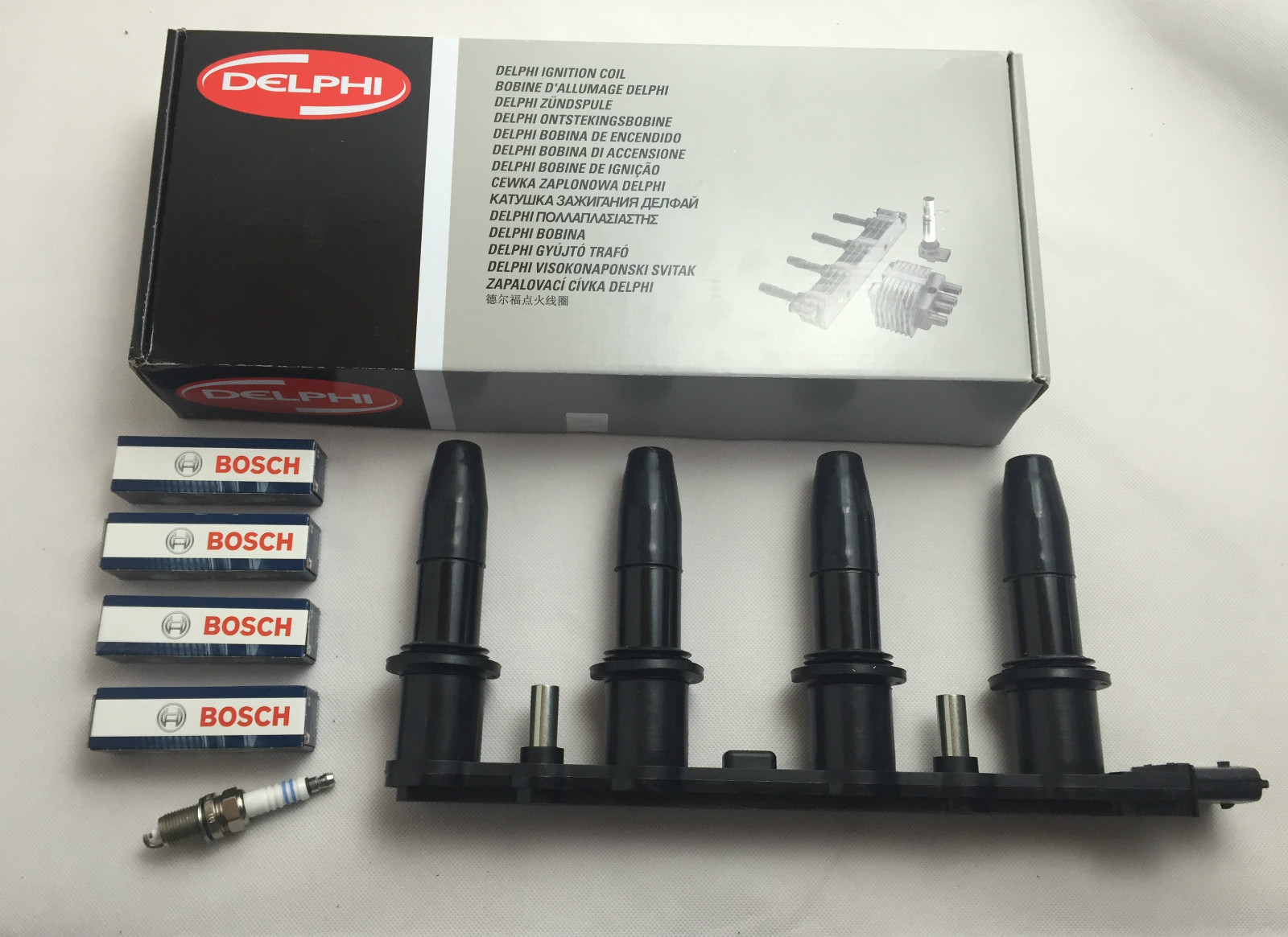 Delphi Ignition Coil  4x Bosch Spark Plug for Alfa 159 Opel Astra Meriva Zafira