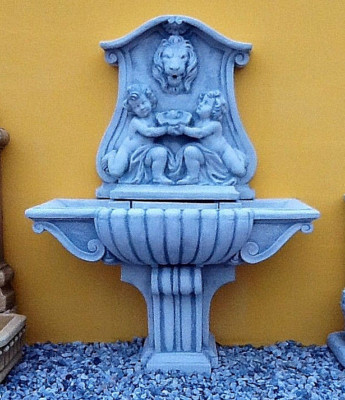Brunnen / Wandbrunnen mit Engelmotiv, Steinguss, 163 cm Steinbrunnen Gartenfigur