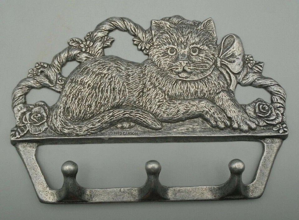 Vintage Carson Silver Tone Kitty Cat Wall 3 Hook Coat Hanger Organizer 1993 - Image 2 of 4