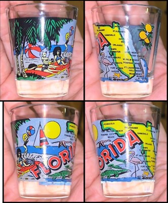 (1) Vintage Florida Shot Glass Beach Babes Bikinis Map Palm Tree Gator Sailboat