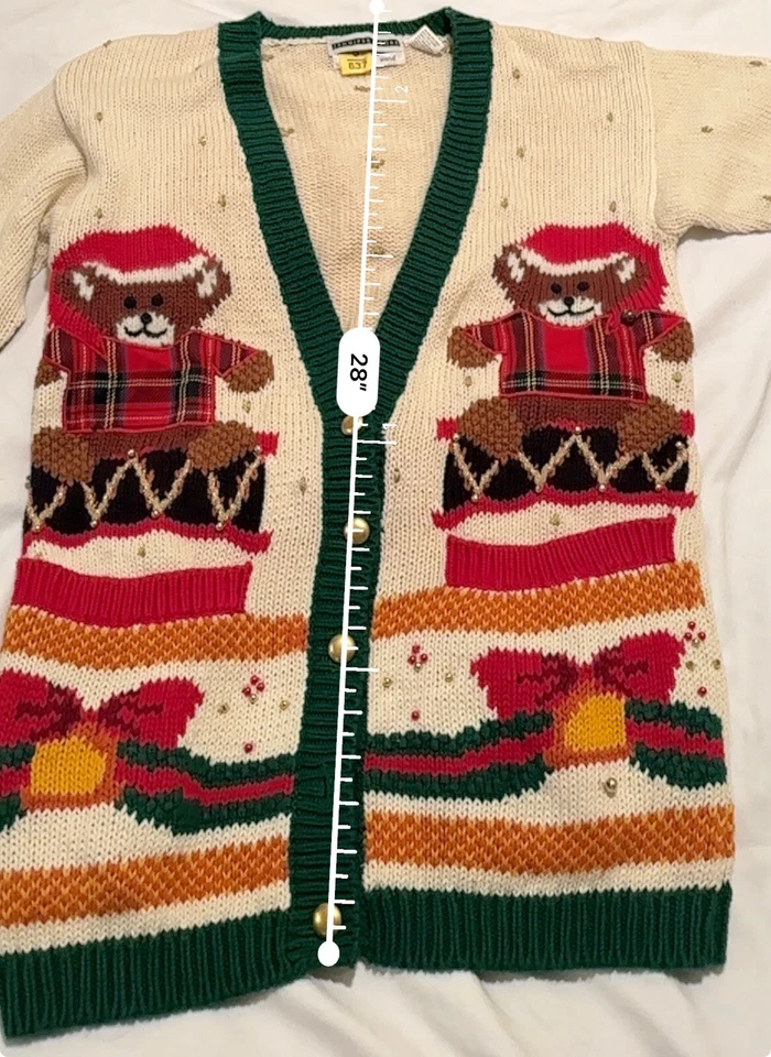 Cardigã suéter feminino Jennifer Moore pequeno tricô à mão Natal feriado ursos - Imagem 2 de 4