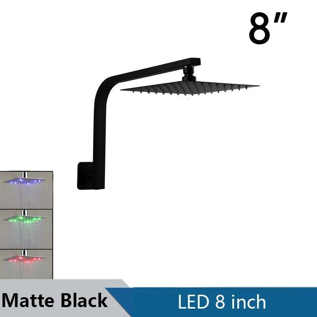 LED Matte Black Rain Square Mixer Shower Head Gooseneck Shower Arm Wall Mounted