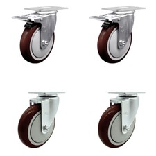 5 Inch SS Maroon Polyurethane Top Plate Caster Set 2 Total Lock Brakes SCC