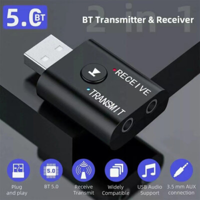 2in1 Transmitter Receiver Car Wireless Audio Adapter USB 3.5mm Aux Bluetooth 5.0