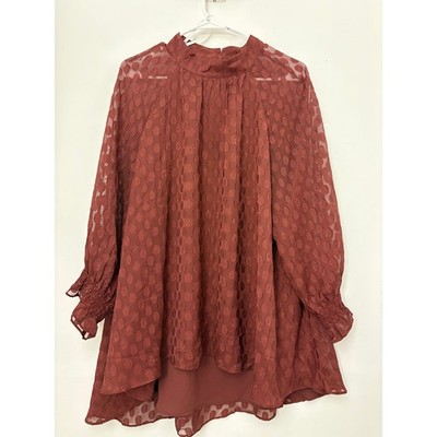 DR2 Rust Brown Sheer Dotted Mock Neck Ruffle Blouse Long Sleeve Great Used