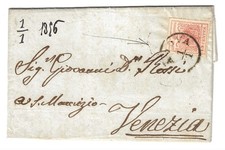 1850 Lombardo Veneto - 15 c. I emissione carta a mano su lettera Padova-Venezia