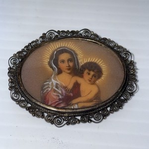 Antique Vintage 800 Silver Brooch Pendant Painted Cameo Woman Children Filigree