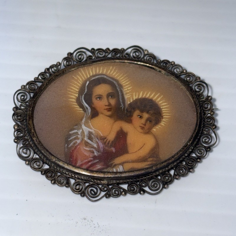 Antique Vintage 800 Silver Brooch Pendant Painted Cameo Woman Children Filigree