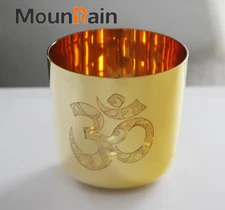 Pure Gold Plating OM carved quartz crystal singing bowl about 6" F heart chakra