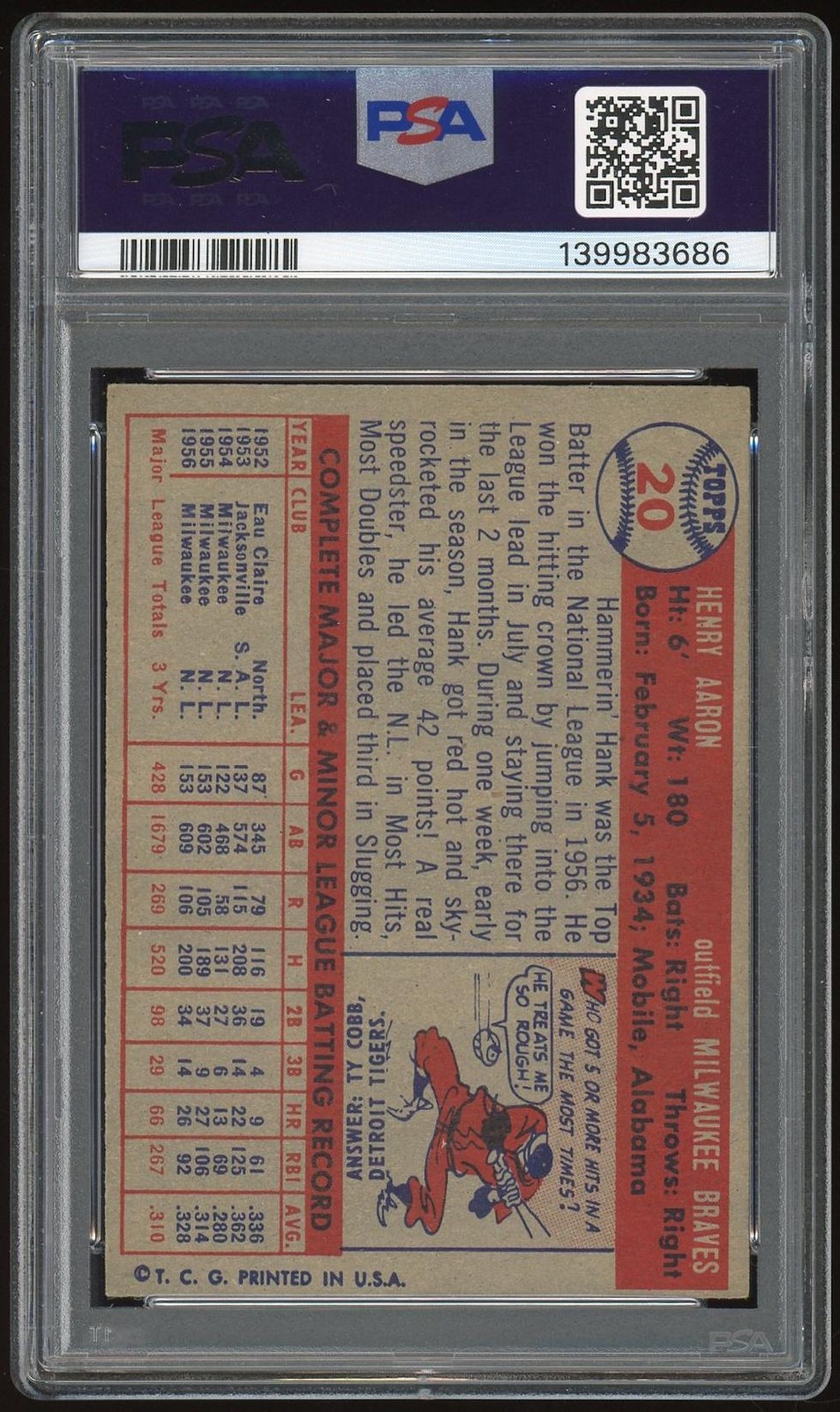 1957 Topps #20 Hank Aaron PSA 5 *3686 view 2
