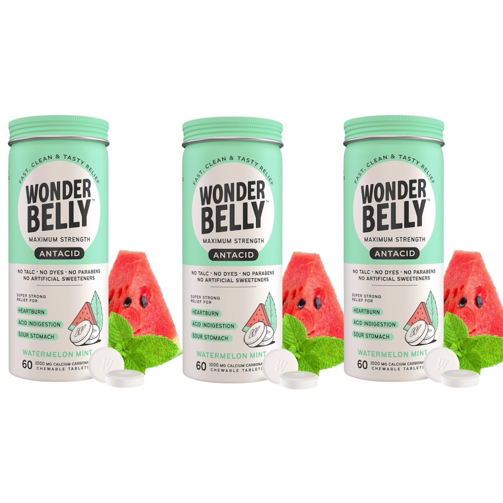 3 Pack - Wonder Belly Watermelon Mint 60 Chewable Maximum Strength Antacid